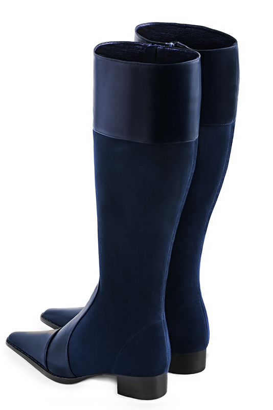 Navy blue women's riding knee-high boots. Tapered toe. Low leather soles. Made to measure. Rear view - Florence KOOIJMAN